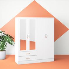 an orange and white room with a potted plant