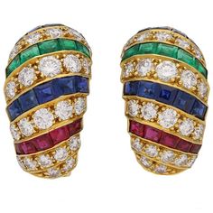 Cartier vintage ruby, sapphire, emerald and diamond earrings, circa 1978. For Sale at 1stDibs Ruby Gold Earrings, Emerald And Diamond Earrings, Cartier Vintage, Emerald Diamond Earrings, Sapphire And Diamond Earrings, Cartier Jewelry, Ruby Sapphire, Gold Diamond Earrings, Ruby Earrings