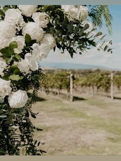 white flowers and greenery are hanging from the branches of a tree in an open field