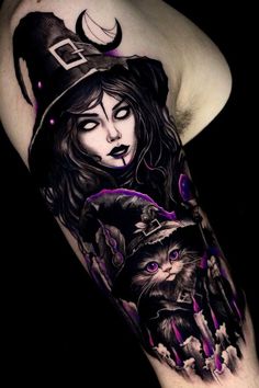 a woman wearing a witches hat and holding a cat on her arm with purple ink