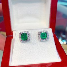 "BRAND-NEW!! ONE OF A KIND, HANDCRAFTED EARRINGS. So Perfect Jewelry proudly presents!! Delicately handcrafted, EXQUISITE, TOP QUALITY EMERALD EARRINGS! Accented with superb quality, natural diamonds, set in handcrafted 18K solid white gold STUD earrings. This pair of emerald stud will pop on the ears, perfect for any occasions! Classy and simple, elegant and charming, with GORGEOUS VIVID Green COLOR, and sparkling diamonds, these earrings sure make a lady feel like a princess! \"You will get th Luxury Diamond Earrings With Halo Setting, Platinum Earrings With Halo Design For Gift, Platinum Halo Design Earrings For Gift, Platinum Diamond Earrings With Halo Design As Gift, 14k White Gold Halo Diamond Earrings For Gift, Green Diamond Earrings With Halo Setting Gift, White Gold Emerald Earrings With Halo Setting, White Gold Stud Earrings, Special Christmas Gift