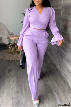 Olivia Mark - Elegant Purple V Neck Long Sleeve Two Piece Casual Ensemble Flared Sleeves Top Outfit, Two Piece Outfits Pants, Womens Casual Suits, Wide Leg Pants Outfits, 2piece Outfits, Mode Kimono, Leg Pants Outfit, High Waist Wide Leg Pants, Flared Sleeves Top