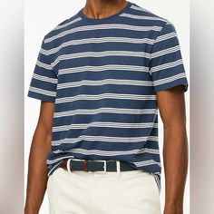 This J.Crew Striped T-Shirt Is Classic Casual Cool. Wear This With Jeans, Pants Or Shorts And Enjoy A Comfortable Pulled Together Look. Versatile And Timeless. Great For Spring And Summer. Size: Large Slight Slim Fit Colors: Navy Blue & White Rib Trim At Collar 100% Cotton Machine Wash Nwt, Never Worn, No Flaws Message Me With Any Questions. Fast Shipping - Same Or Next Business Day. Striped Cotton Crew Neck Shirt, Casual Navy Summer T-shirt, Navy Cotton T-shirt For Spring, Navy Casual Crew Neck Top, Casual Navy Crew Neck Top, Casual Striped Crew Neck Shirt, Navy Casual Crew Neck T-shirt, Casual Navy T-shirt With Crew Neck, Casual Navy Crew Neck T-shirt