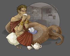 a man sitting on the ground drinking from a cup next to a snake and teapot