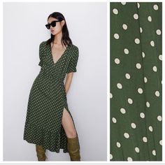 Nwt Zara Green Polka Dot Print Dress Size Xl Casual Polka Dot V-neck Midi Dress, Summer V-neck Polka Dot Midi Dress, Fitted Polka Dot Maxi Dress For Spring, Polka Dot Spring Midi Dress, Spring Polka Dot Midi Dress, Spring Polka Dot Knee-length Maxi Dress, Polka Dot Midi Dress For Spring, Polka Dot Knee-length Midi Dress For Spring, Casual Fitted Polka Dot Midi Dress