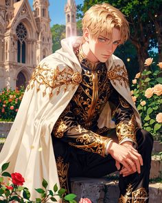 a young man dressed in medieval clothing sitting on a stone bench with roses around him