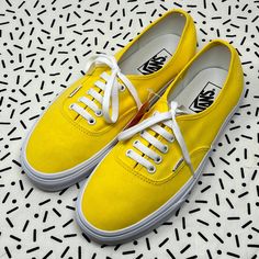 Yellow Laced Authentic Vans with a black sprinkle background Yellow Vans, Vans Yellow, Yellow Sneakers, Classic Vans, Yellow Shoes, Yellow Lace, Shoe Closet, Shades Of Yellow, Dreams Come True