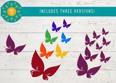 colorful butterflies on white wood background with text that reads, includes three versions in different colors