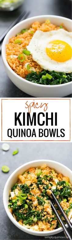 two bowls filled with rice, spinach and an egg on top that says kimchi quinoa bowls