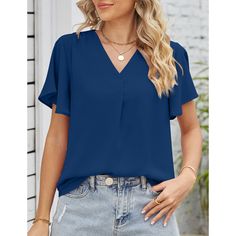 Navy Blue Pleated V Neck Short Sleeve Top Butterfly Sleeves, Ruffle Sleeves, V Neck Blouse, Top Women, Short Sleeve Top, V Neck Tops, Short Sleeves Tops, Collar Styles, Shopping Outfit