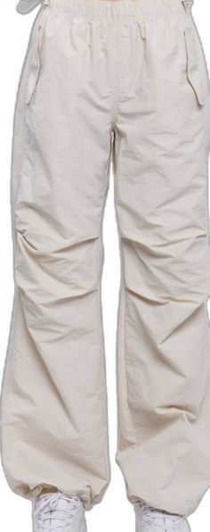 Stretch Nylon Wide-leg Parachute Pants, Mid-rise Stretch Parachute Pants With Pockets, Spring Nylon Straight Leg Bottoms, Stretch Mid-rise Parachute Pants With Cargo Pockets, Stretch Wide Leg Nylon Cargo Pants, Stretch Nylon Wide Leg Cargo Pants, Spring Straight Leg Nylon Pants, White Nylon Parachute Pants For Summer, Fitted Nylon Parachute Pants For Summer