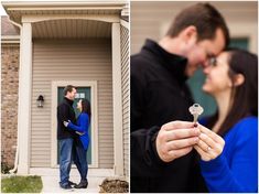 a man and woman standing in front of a house holding keys