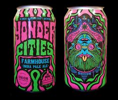 two cans of yonder cities beer on a black background, one is green and the other is pink