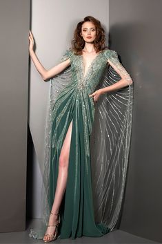 Crystal beaded high slit dress with cape Oscars Inspired Dress, Tarik Ediz Dresses 2023, Ziad Nakad, Dress With Cape, Fantasy Dresses, Fantasy Gowns, Fairytale Dress, Cape Dress, Fantasy Dress