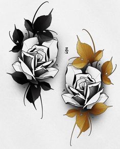 two black and white roses with gold leaves on the petals are shown in this drawing