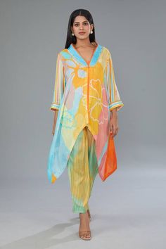 Multicolor shirt kurta with geometric print and bead embroidered neckline. Paired with stripe print pant. - Aza Fashions Asymmetric Shirt, Digital Flower, Print Pant, Pant Set For Women, Embroidered Neckline, Digital Flowers, Pant Set, Printed Pants, Set For Women