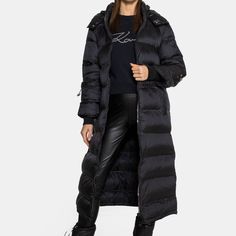 Guess Winter Coat/Jacket Perfect For Cold Weather Days, Opt For This Long Puffer Jacket Featuring An Attached Hood With A Stand Collar, A Back Logo Detail, Side Zip Pockets With A Front And Side Zip Closures. Color: Black Down Long Coat For Fall, Fall Long Down Coat, Long Down Coat For Fall, Black Down Puffer Jacket For Spring, Black Down Outerwear For Fall, Black Winter Puffer Jacket For Work, Black Outerwear With Zipper Closure For Work, Black Zipper Closure Outerwear For Work, Black Long Sleeve Puffer Jacket For Work