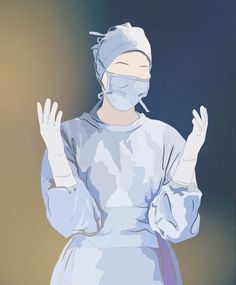 a woman wearing a surgical mask and holding her hands up to the side with both hands