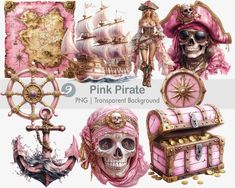 pink pirate digital collages with skull, chest, ship, and other items