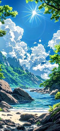 the sun shines brightly in the blue sky above some rocks and water on a sunny day