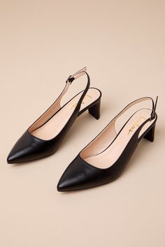 You'll instantly make any ensemble more sophisticated when you style it with the Lulus Bastienne Black Pointed-Toe Slingback Pumps! Dress up any look with these smooth faux leather pumps that boast a classy pointed-toe upper that carries into a slender slingback strap that secures with a shiny silver buckle. A low blade heel lends an ultra-stylish finish to the chic design! 2. 25" blade heel. Lightly cushioned insole. Rubber sole has nonskid markings. Man made materials. Imported. Lulus | Bastie Low Pumps, Lulu Fashion, Slingback Pump, Shiny Silver, Leather Pumps, The Chic, Chic Design, Low Heels, Comfortable Shoes