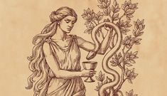 a drawing of a woman holding a cup next to a snake