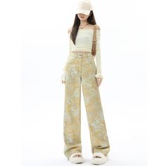 Discover Your New Favorite Look Embrace the vibrancy of spring with our Women's Yellow Wide Leg Cargo Jeans. These high-waist trousers offer a perfect blend of streetwise style and vintage flair, tailored for the modern fashionista. Crafted from a quality mix of cotton and polyester, these pants ensure both comfort and durability without stretching out of shape. Why You'll Love These Pants Designed with a contemporary streetwear edge, these cargo jeans feature a striking wide leg that pairs effortlessly with both sneakers and heels. The high-rise waist cinches your silhouette, while the practical button closures, ample pockets, and stylish fake zippers add functionality with a touch of old-school charm. Perfect for those seeking a blend of fashion-forward styling and practicality, these pa Baggy Jeans For Spring, Green Spring Streetwear Bottoms, Spring Green Baggy Wide Leg Pants, Spring Baggy High Waist Wide Leg Pants, Spring Green Loose Fit Wide Leg Pants, Spring High Waist Baggy Wide Leg Pants, Spring Wide Leg High-waist Pants, Summer Streetwear High Waist Wide Leg Pants, Spring Wide-leg Cargo Jeans