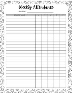 a printable weekly attendance sheet with hand drawn doodles on the top and bottom