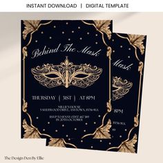 a black and gold masquerade party flyer with an ornate frame on the front