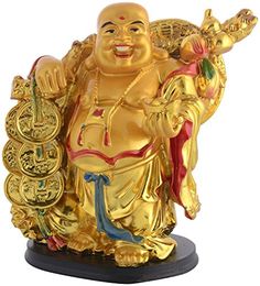 a golden buddha statue holding two gold coins