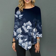 New Autumn Women's Clothing Fashion Printed 3/4 Sleeve Tee Shirts Casual Elegant T Shirt Femme Tunic Ladies Tops Batwing Sleeve Pattern, Loose Dress Pattern, Mode Prints, Elegant Plus Size, Flower Print Shirt, Buy Clothes Online, Girl Sleeves, Pullover Mode, Plus Size Blouse