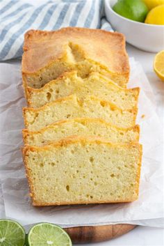 slices of lemon lime pound cake sitting on top of wax paper