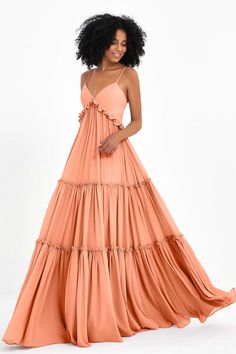 Tiered Ruffles Bridesmaid Dress, Tiered Bridesmaid Dress With Ruffles, V-neck Ruffled Maxi Dress For Prom, Flowy Dress With Ruched Bodice And Ruffled Straps, Ruffled V-neck Maxi Dress For Gala, Tiered Bridesmaid Dresses With Ruffled Skirt, Bridesmaid Tiered Dresses With Ruffled Skirt, Tiered Ruffled Skirt Dresses For Bridesmaid, Wedding Dress With Ruched Bodice And Ruffled Straps