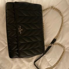 Nwot. Gorgeous Black Leather. Interior With Classic Spade Pattern Kate Spade Black Shoulder Bag For Evening, Black Kate Spade Shoulder Bag For Evening, Kate Spade Black Evening Shoulder Bag, Elegant Black Kate Spade Shoulder Bag, Black Kate Spade Bag With Chain Strap, Kate Spade Purse Black, Drawstring Purse, Cream Bags, Vintage Kate Spade