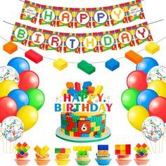 a birthday cake surrounded by balloons and confetti on a white background with happy birthday banner