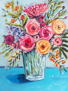 a painting of flowers in a vase on a blue tablecloth with watercolors