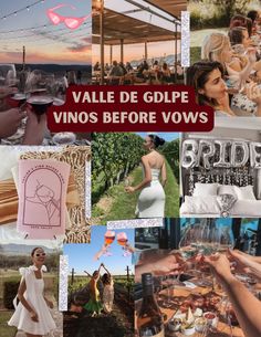 a collage of photos with wine glasses and people in white dresses, one woman holding a glass