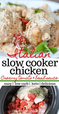 slow cooker chicken with tomato sauce and parmesan cheese on the side is shown