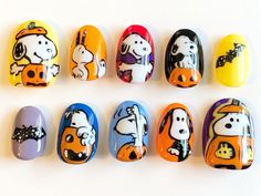 Peanuts Nail Art, Fall Cartoon Nails, The Great Pumpkin Charlie Brown Nails, Halloween Snoopy Nails, Snoopy Nails Halloween, Snoopy Halloween Nails, Cartoon Nails Design, Snoopy Fall Nails, Kid Nail Ideas