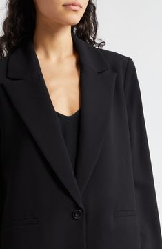 A roomy fit lends casual vibes to a one-button blazer cut with notched lapels. 29" length (size 8) One-button closure Notched lapels Front welt pockets Lined 100% polyester Dry clean Imported V-neck Single Breasted Blazer For Business Casual, Sleek Notch Lapel Blazer Dress For Business Casual, Chic Notch Lapel Blazer Dress For Career, Business V-neck Blazer With Double Button Closure, Business V-neck Single Button Outerwear, Business Blazer With Hidden Button Closure And V-neck, Black Notch Lapel Blazer Dress For Career, Office V-neck Blazer With Hidden Button Closure, Formal V-neck Blazer With Button Closure