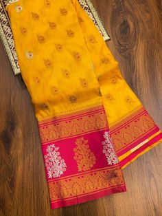 Banarasi Paithani Saree Machine Made Saree Soft Silk Material Beautiful Pallu Contrast Blouse Piece Luxury Yellow Paithani Silk Dupatta, Traditional Wear With Motifs For Puja During Navratri, Yellow Bollywood Traditional Wear For Transitional Season, Semi-stitched Salwar Kameez With Zari Weaving For Puja, Traditional Yellow Salwar Kameez, Transitional Traditional Wear With Zari Work In Yellow, Yellow Traditional Wear With Zari Work For Transitional Season, Traditional Yellow Salwar Kameez For Transitional Season, Transitional Yellow Sharara With Pallu