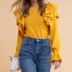 Rachel Parcell Ruffle Shoulder Sweater Yellow Style # Ra456210mi Color: Yellow Treasure Size: Small Details/Features: - Crewneck - Ruffle Detail At Shoulders - Ruffled Sleeve Hem - Pullover - Long Sleeve Materials & Care: - 51% Acrylic, 43% Polyester, 6% Spandex - Hand Wash Cold New With Tags Bundle And Save! Scallop Sweater, Rachel Parcell, Red Knit Sweater, Pointelle Sweater, Oversized Sweater Cardigan, Bell Sleeve Sweater, Yellow Sweater, Ribbed Knit Sweater, Wrap Sweater