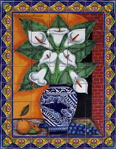 a painting of white flowers in a blue and white vase on a tile wall with an orange background