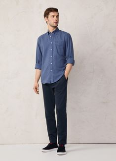 - Shirt in twill fabric.  - Made of yarn-dyed cotton flannel.  - Regular fit.  - Long sleeves.  - Solid colour.  - Button-down collar.  - Patch pocket on the chest.  - Façonnable logo label on front pocket.  - Pleat in the centre back.  - Rounded two-button cuffs.  - Hanging loop at the back. Twill Shirt, Logo Label, Trendy Shirts, Camisa Polo, Formal Shirts, Twill Fabric, Solid Colour, Shop Swimwear, Cotton Flannel