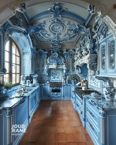 an ornate kitchen with blue and white decor on the walls, tile flooring and cabinets