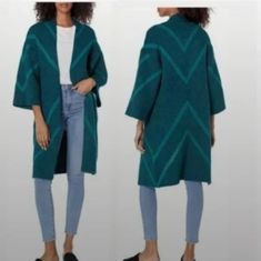 Steve Madden Chevron Print Kimono Open Front Duster Cardigan Nwt Color Is Emerald Green One Size / Fits Like A M/L Open Front 3/4 Sleeves Fabric Has Some Shimmer To It. It's Beautiful. Fall Y'all Knee Length Cardigan, Multicolor Knit, Zip Front Sweater, Grey Poncho, Multicolor Sweater, Black Shawl, Blanket Sweater, Rainbow Sweater, Fringed Poncho