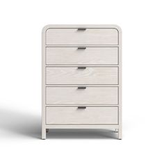 a white chest of drawers with four drawers and two doors on each side, against a white background