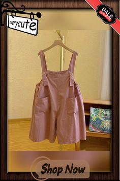 Kawaii Bunny Ears Doll Collar T-shirt Wide Leg Overall Shorts Short Solid Color Cotton Tops, Cute Short Cotton Tops, Cute Short Pink Top, Cute Pink Short Top, Cute Spring Tops With Pockets, Cute Pink Top With Pockets, Short Pink Cotton Tops, Pink Cotton Tops With Pockets, Pink Overalls