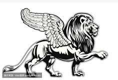 a black and white drawing of a lion with wings