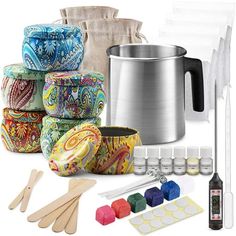 an assortment of crafting supplies including pots, spoons and other items